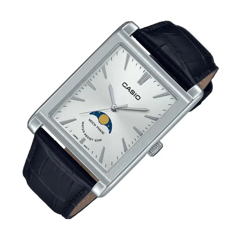 Casio Moon Phase Silver Dial Leather Men's Watch- MTP-M105L-7AV